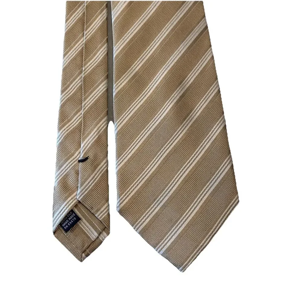 Fabio Ferretti Italy Handmade Men’s Silk Tie Tan Gold & White Diagonal Striped
